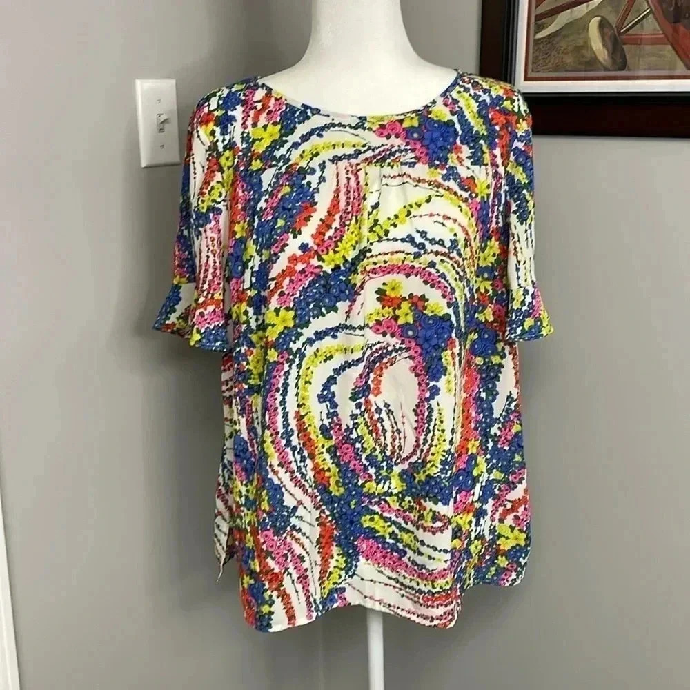 Talbots Petite Womens Plus Colorful Ruffle Sleeve Blouse Size 1X Petite Dressy